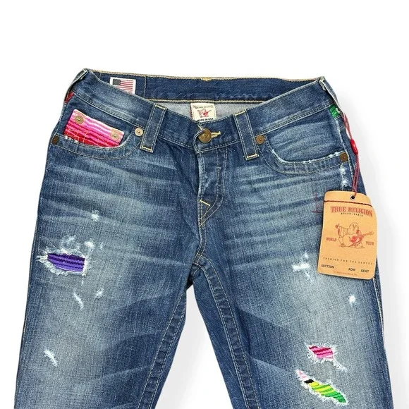 VTG True Religion Size 25 Brianna Baja Boyfriend Button-Fly Serape Patched Jeans